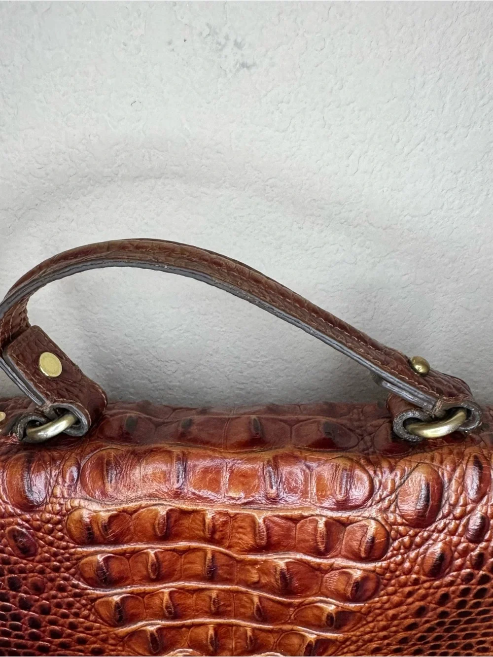 BRAHMIN | Cognac Croc-Embossed Leather Satchel with Gold Hardware